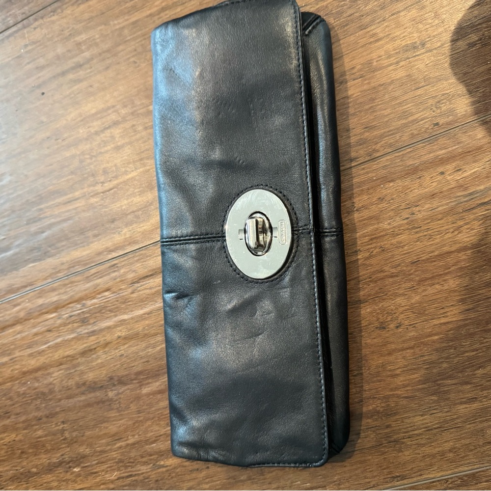 Coach Black Leather Wristlet with Silver Accents